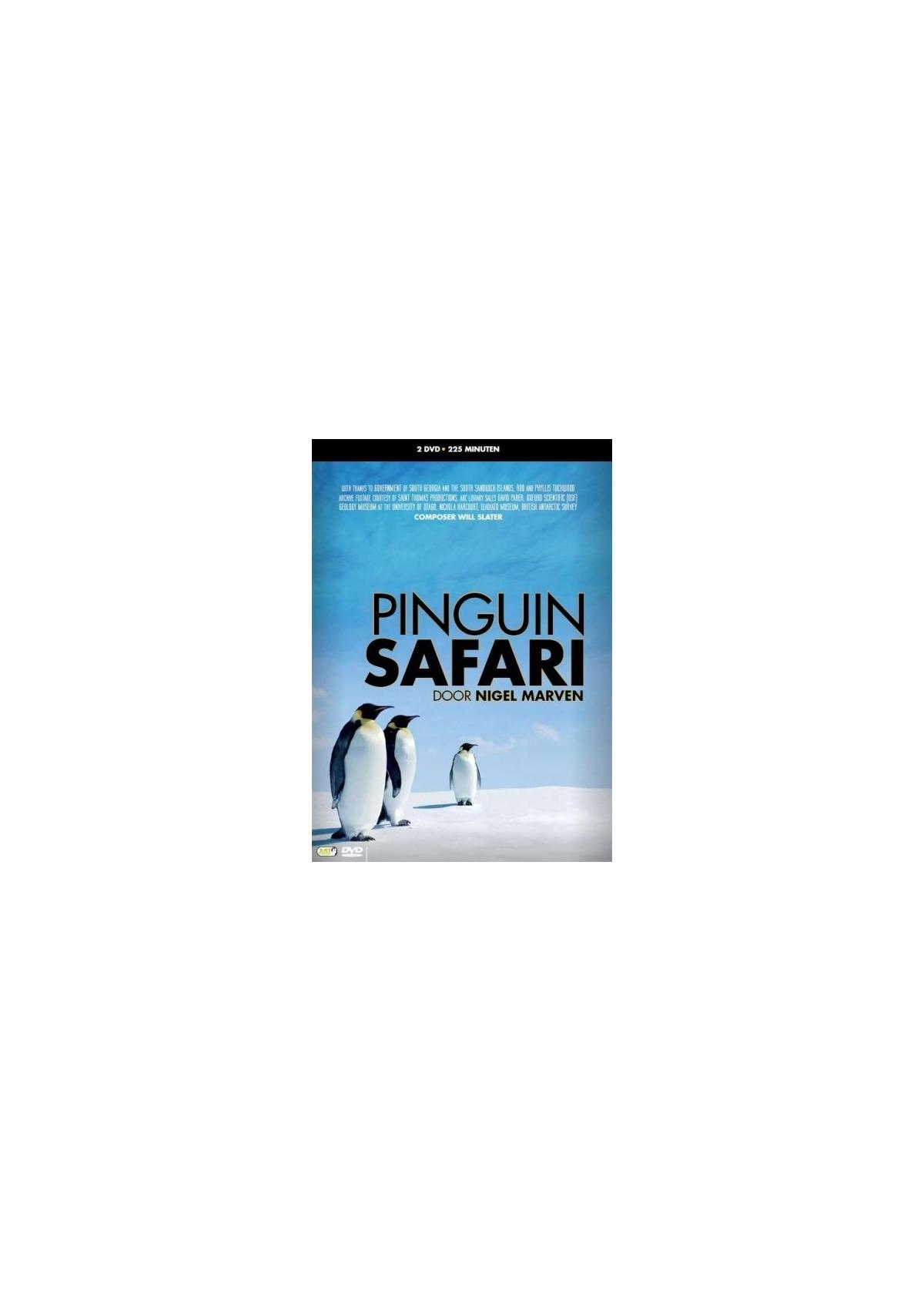 Filmposter voor 'Pinguïn Safari'. Toont pinguïns op ijs met een blauwe lucht op de achtergrond.
