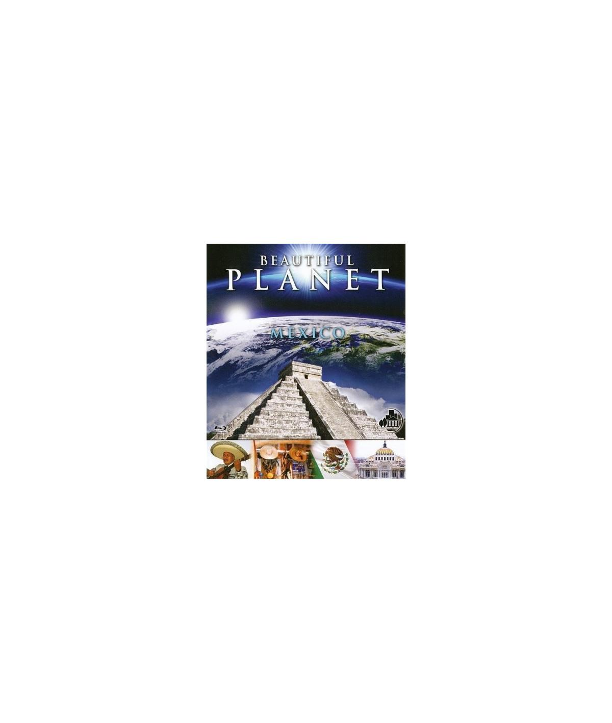 Couverture de DVD. Le titre est 'Beautiful Planet Mexico', avec une pyramide et des vues terrestres.