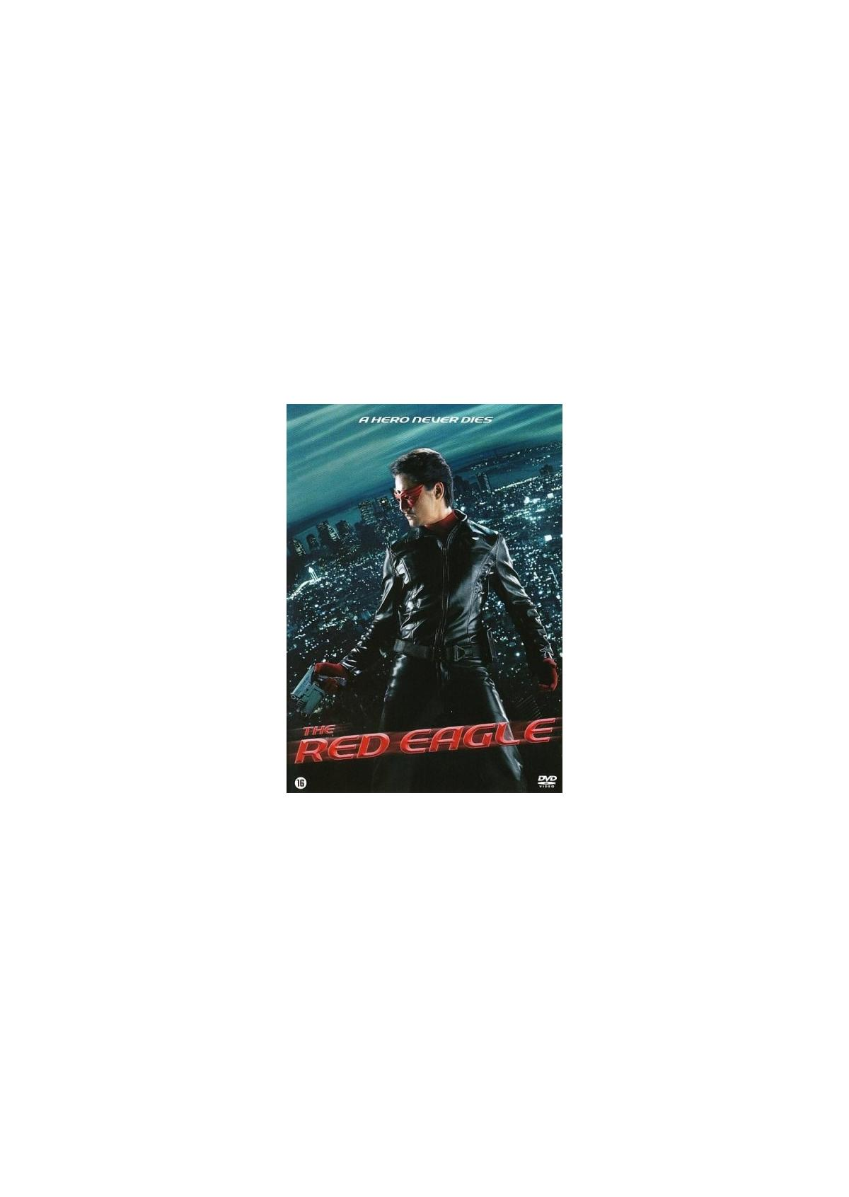 Filmposter voor 'The Red Eagle'. Toont een man in zwart leer voor stadslichten.