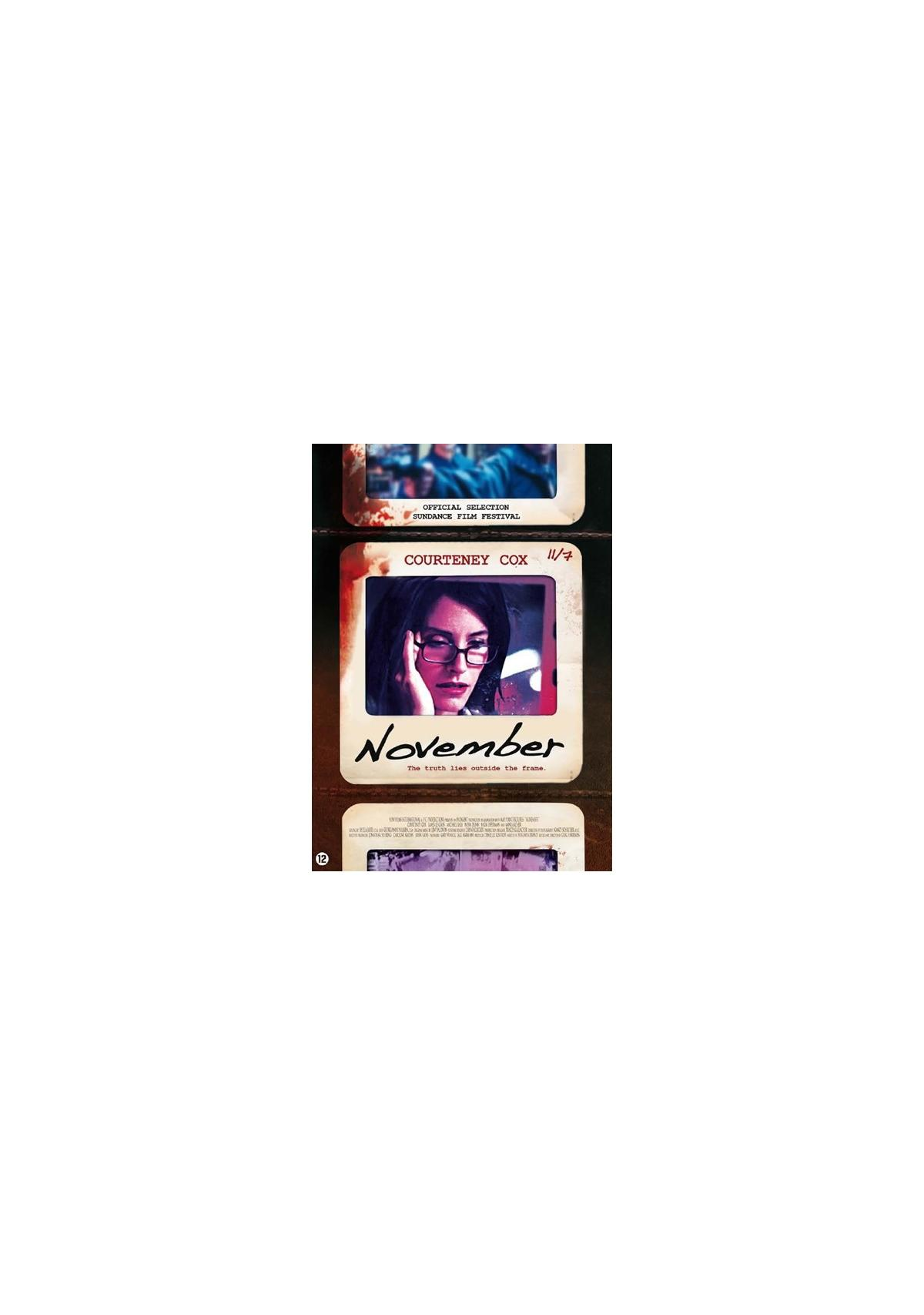 Couverture DVD de 'November'. Avec l'actrice Courtney Cox en gros plan avec du texte superposé.