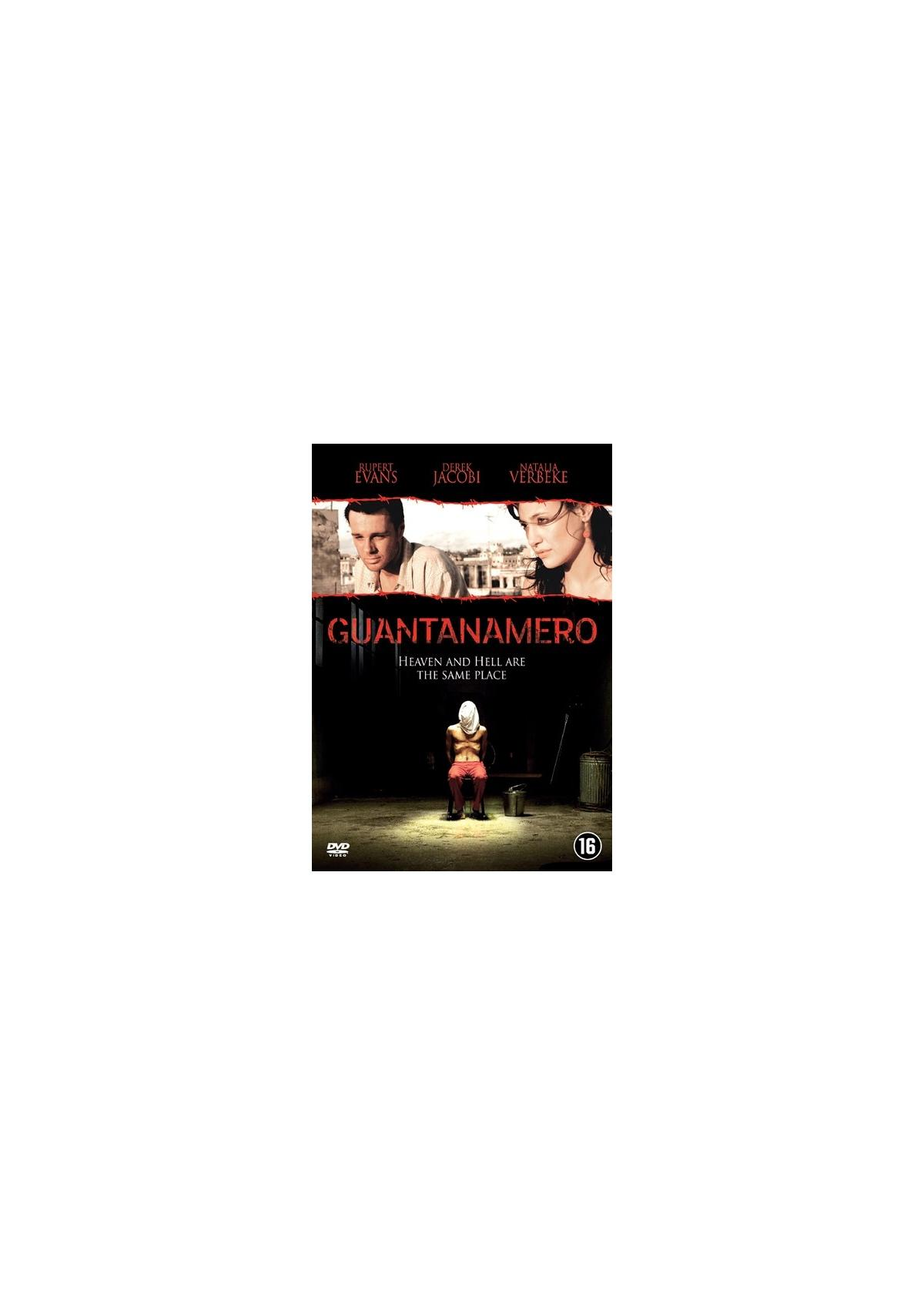 Guantanamo DVD-hoes. Gezichten van acteurs en een gevangene.