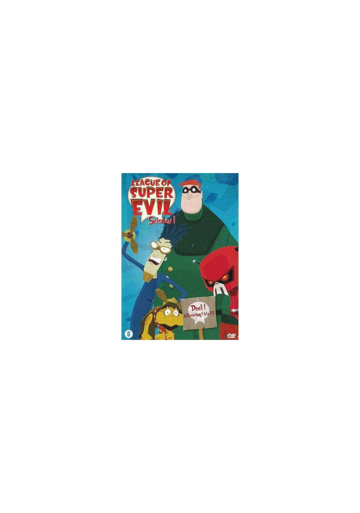DVD-hoes: League of Super Evil. Tekenfilmfiguren op een blauwe achtergrond. Sommige personages houden borden vast.