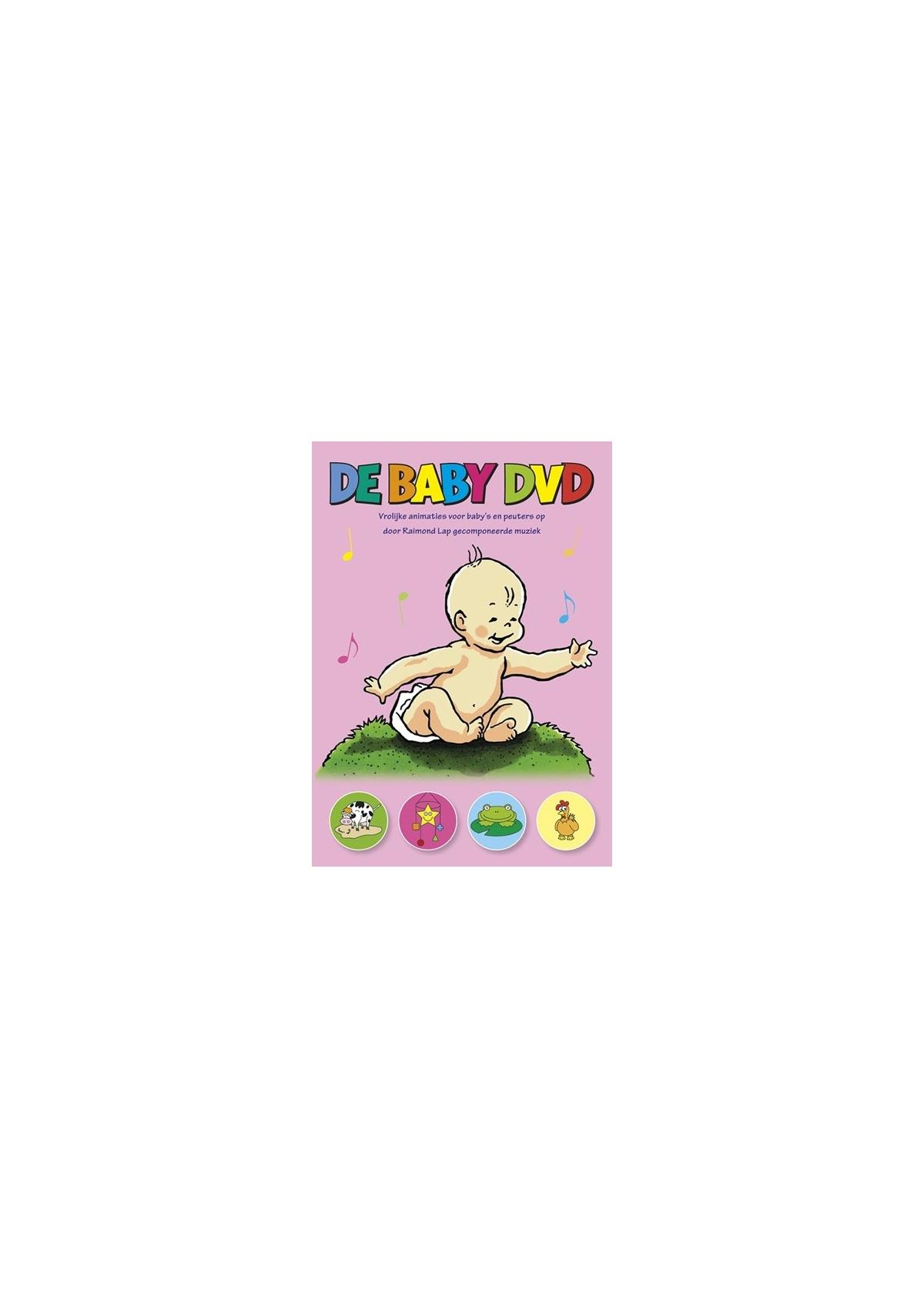 Couverture DVD. 'De Baby DVD' avec un bébé et des notes de musique. Fond rose, éléments colorés.