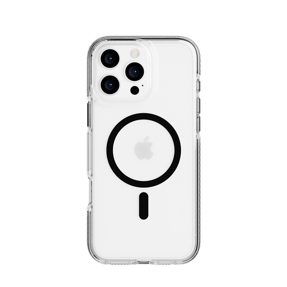 Vue arrière d'une coque transparente pour iPhone avec anneau MagSafe et logo Apple.