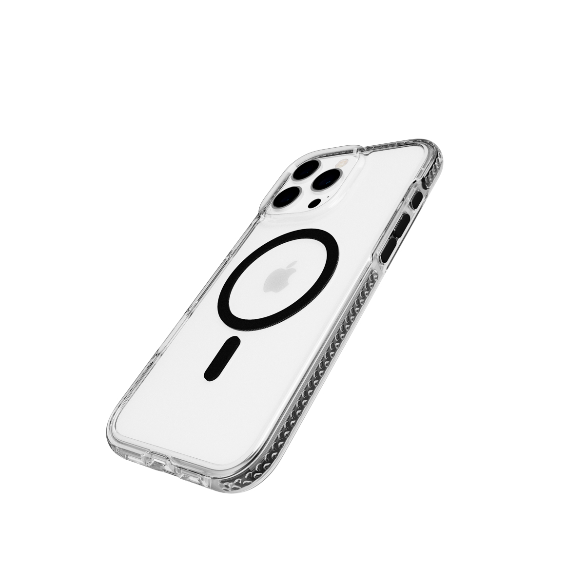 Une coque de téléphone transparente avec un cercle noir et un téléphone blanc à l'intérieur.