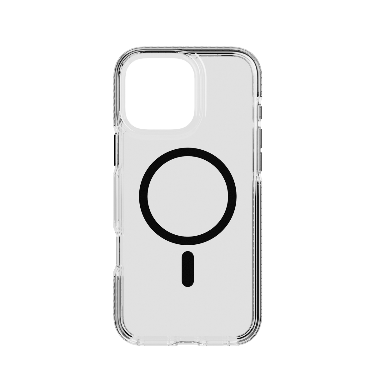 Coque iPhone transparente avec anneau MagSafe et symbole négatif sur fond blanc.