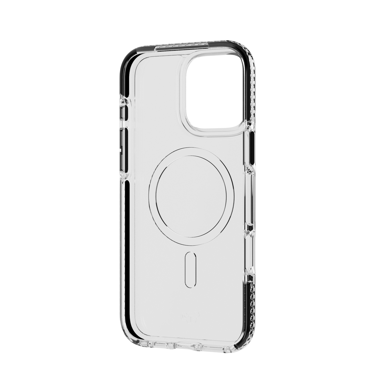 Une coque de téléphone transparente avec un bord noir, un cercle et une ligne au milieu.