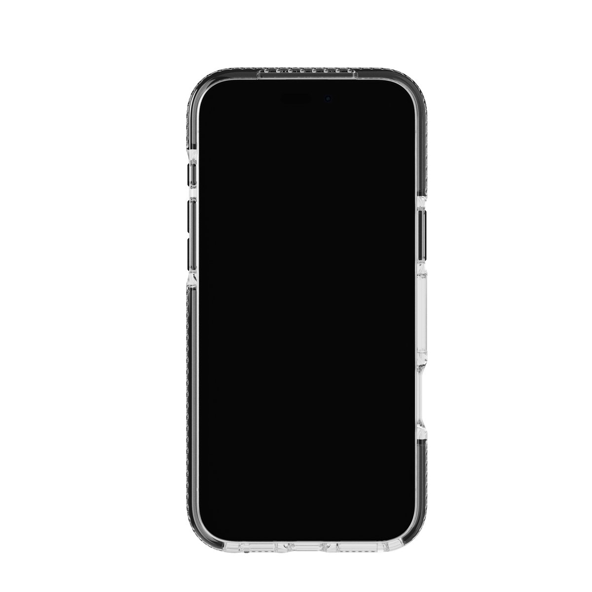 Un smartphone dans un étui transparent. L'écran du téléphone est noir.