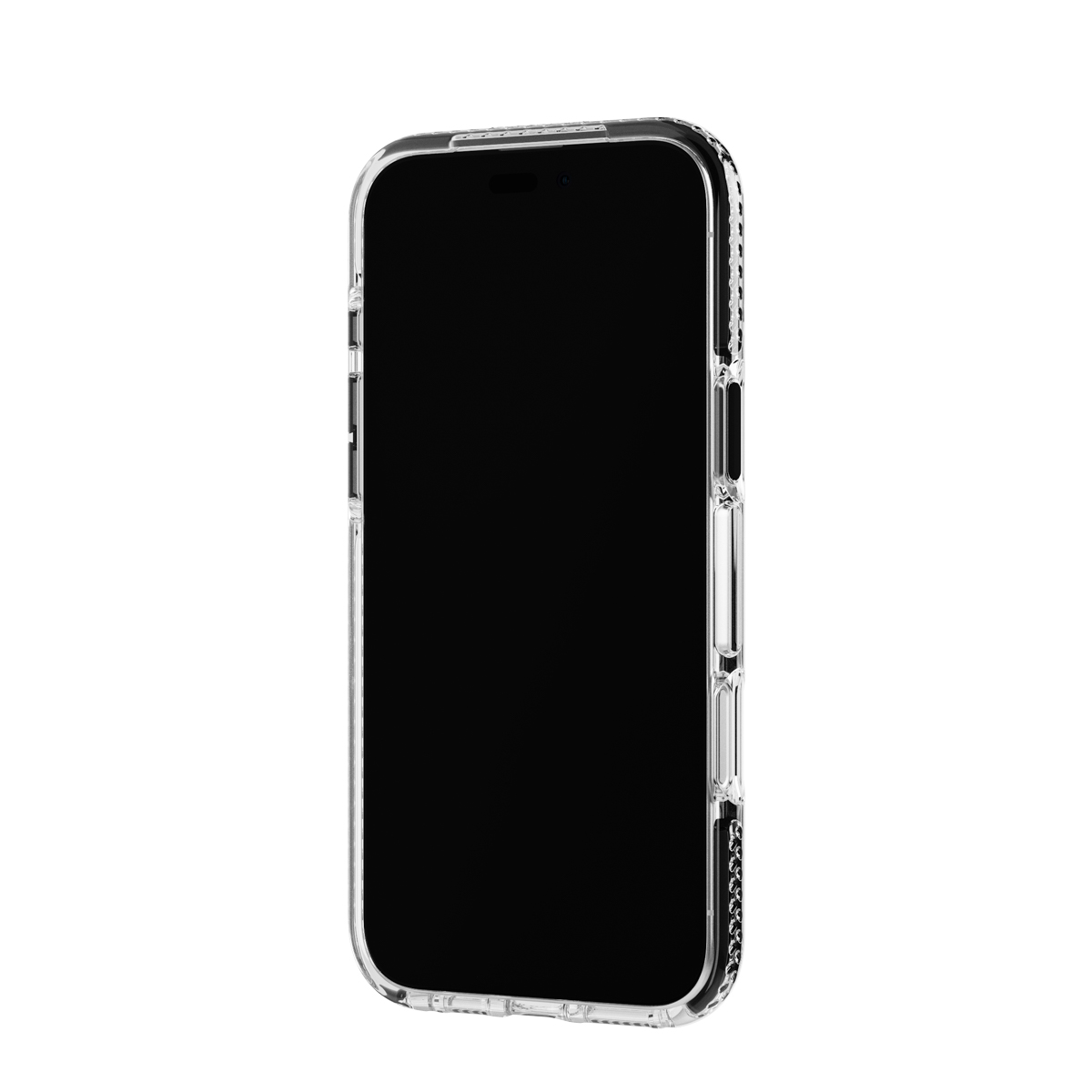 Un smartphone noir dans un étui transparent.