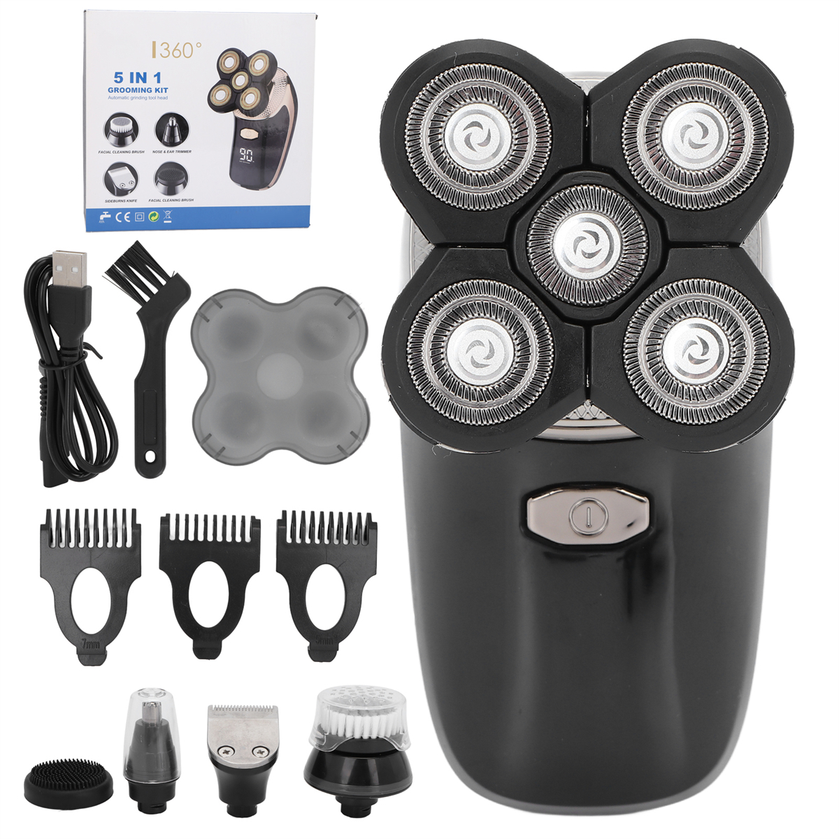 Schwarzes Pflege-Set mit verschiedenen Aufsätzen. Weißer Hintergrund.