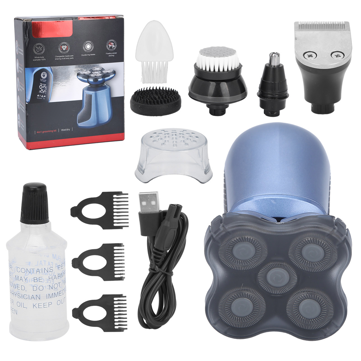 Ein Rasier-Set mit Rasierer, Aufsätzen, Reinigungsbürste und Zubehör, auf weißem Hintergrund.