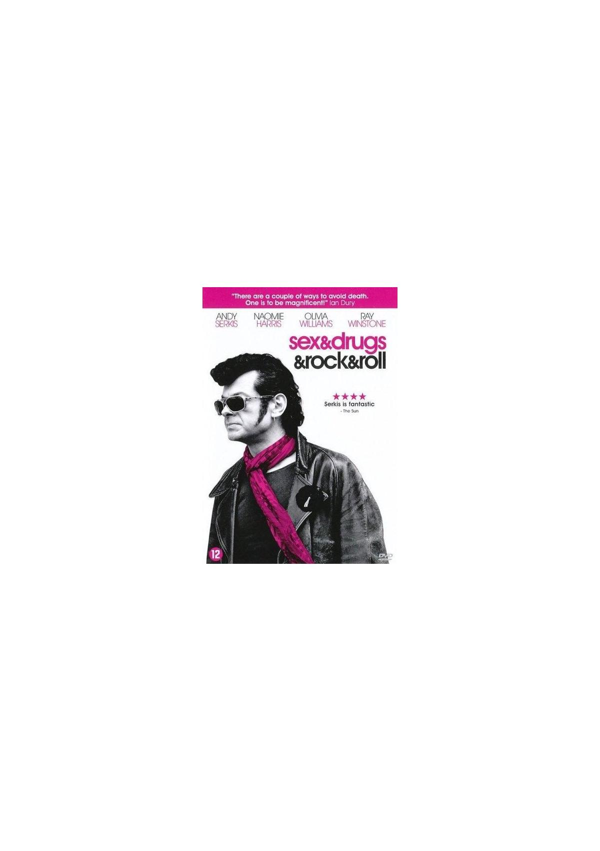 DVD-hoes van Sex & Drugs & Rock & Roll. Een man met zonnebril, roze sjaal en leren jas staat centraal.