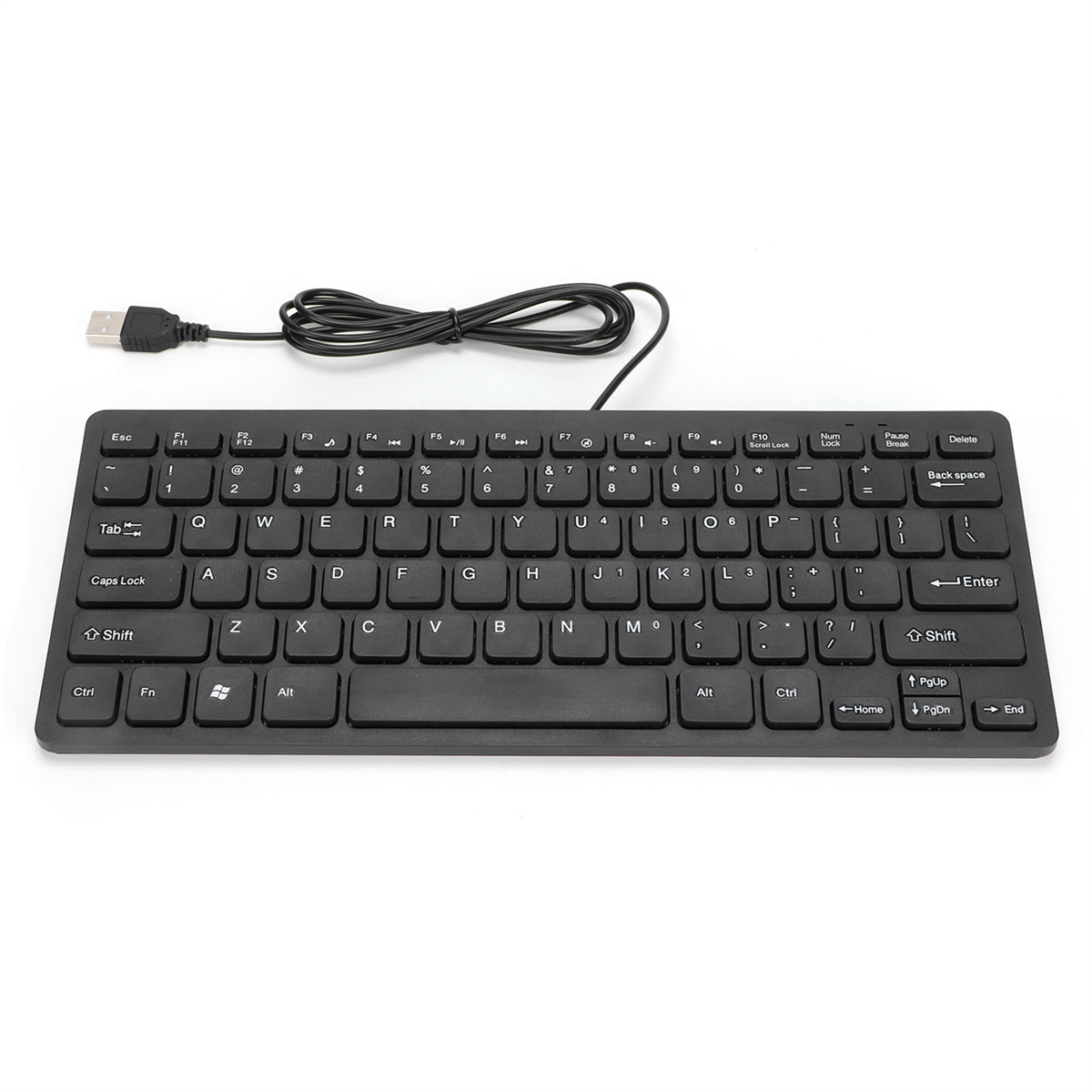 Schwarze Mini-Tastatur mit weißen Tasten und einem USB-Kabel. Sie hat Funktionstasten und eine Windows-Taste.