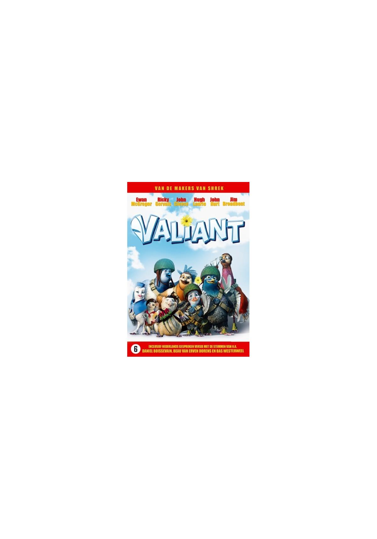 Couverture du DVD de 'Valiant' avec des personnages de dessins animés. Le texte comprend 'Van de makers van Shrek' et 'Valiant'.