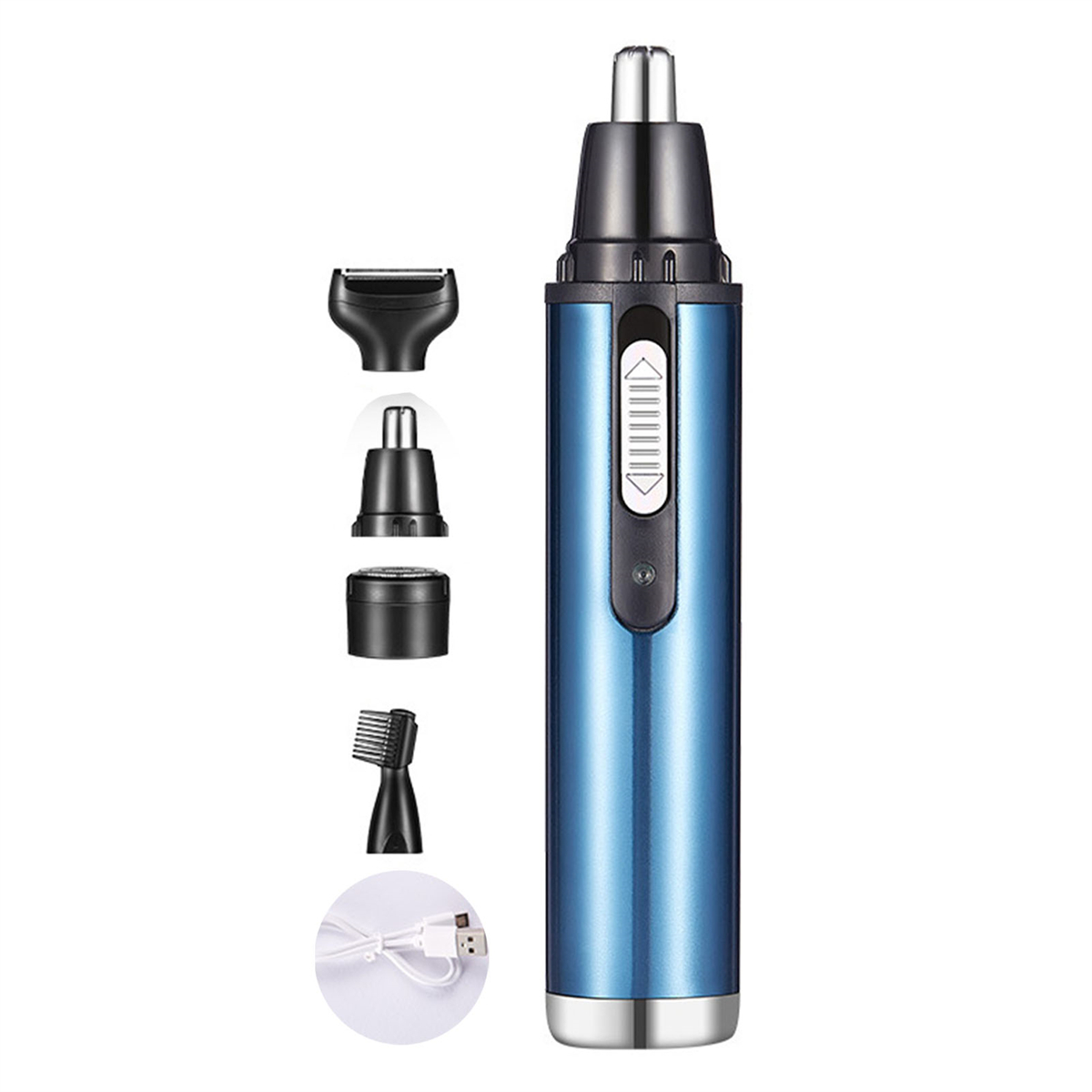 Blauer Nasenhaartrimmer mit Aufsätzen und Ladekabel.