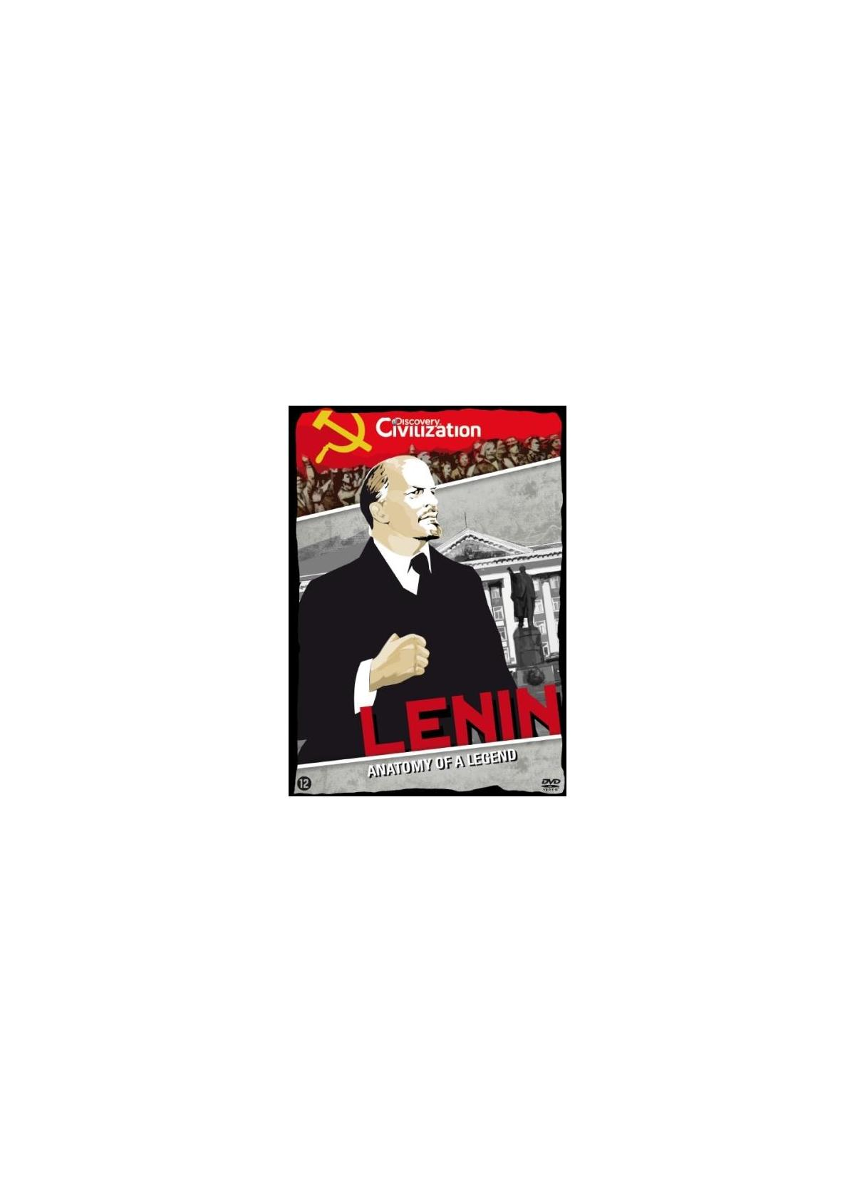 DVD-hoes met een man en een standbeeld met tekst over Lenin en de Sovjet-Unie.