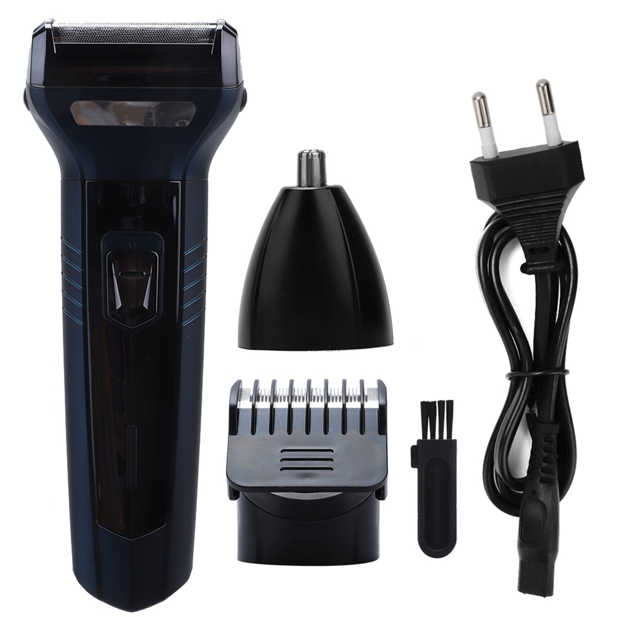 Schwarzer Elektrorasierer mit Aufsätzen und Stecker. Teile umfassen Trimmer, Nasenhaartrimmer und Reinigungsbürste.