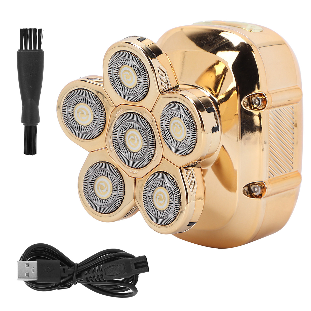 Goldener Elektrorasierer mit sechs rotierenden Köpfen, Reinigungsbürste und schwarzem USB-Ladekabel.