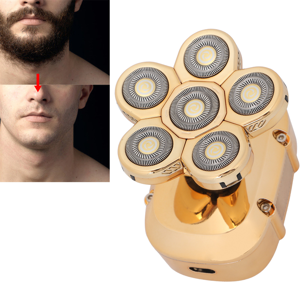 Goldener Rotationsrasierer mit Bartrasur-Vergleich vorher-nachher.