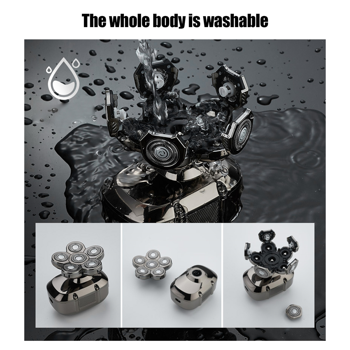 Schwarzer Elektrorasierer mit drei Ansichten, Wassertropfen und dem Text 'The whole body is washable'.