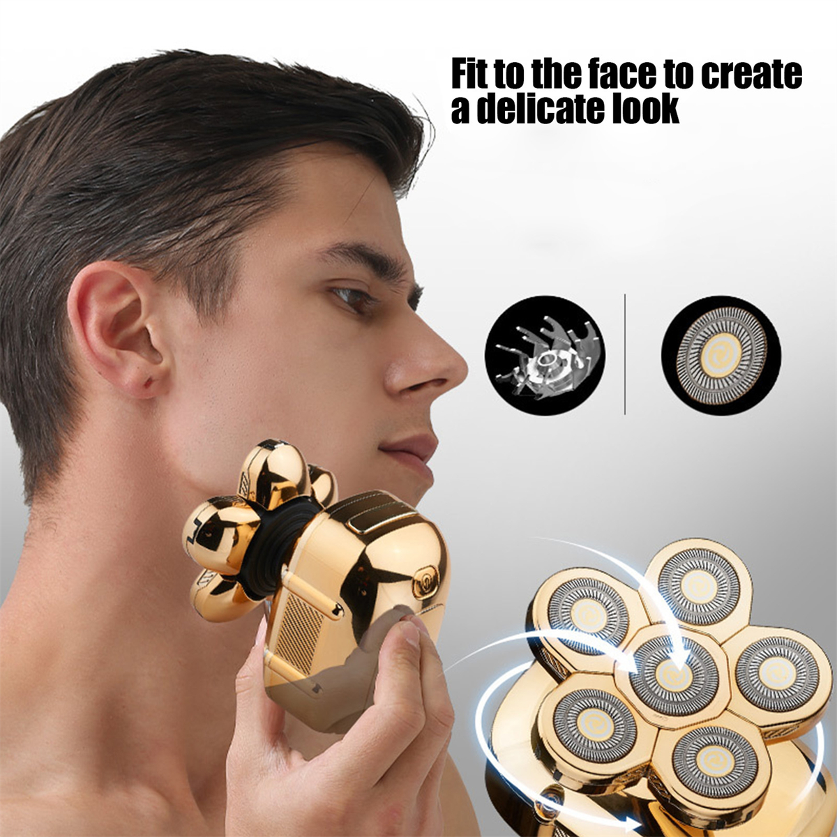 Ein Mann rasiert sein Gesicht mit einem goldenen Rasierer.