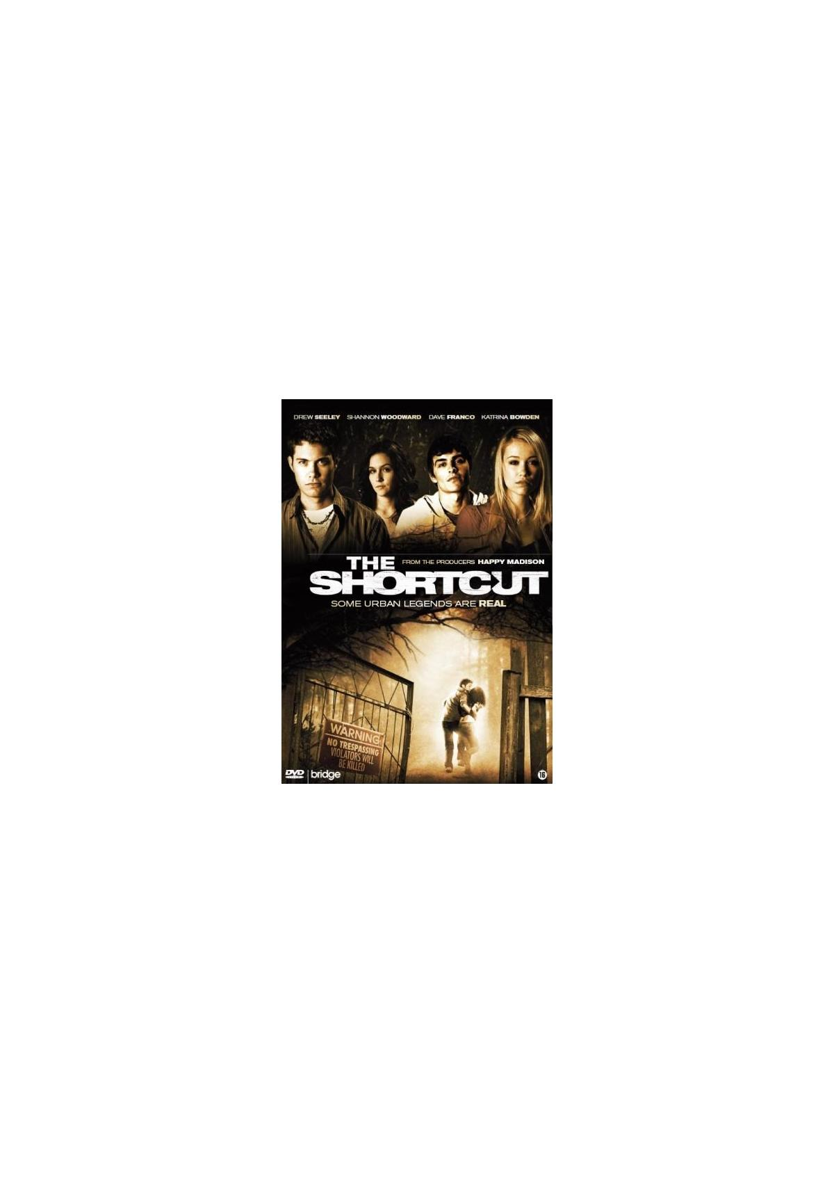 DVD-omslag: The Shortcut, met vier acteurs en de filmtitel met een waarschuwingsbord.