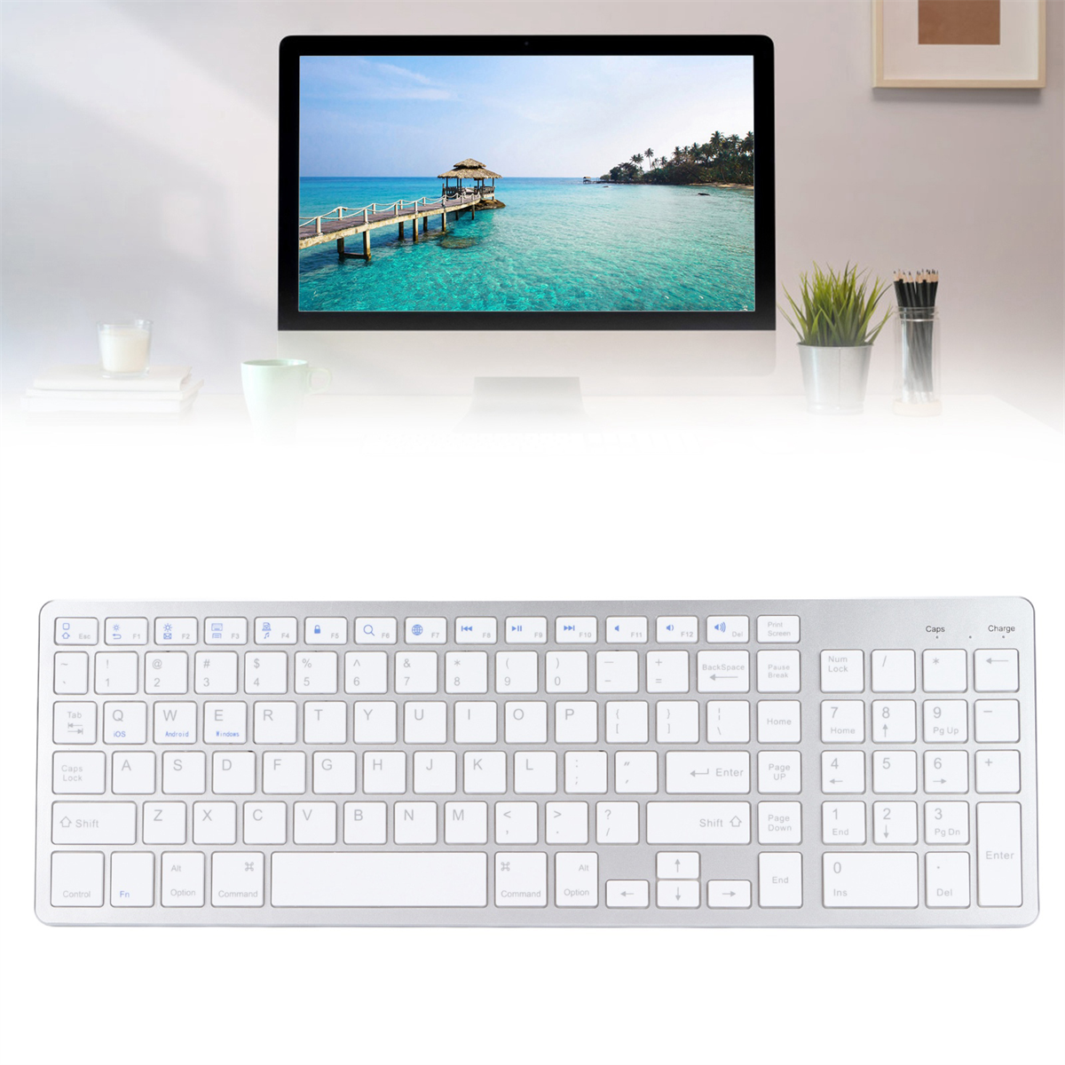 Eine Computertastatur befindet sich unter einem Monitor, der eine Strandszene zeigt. Rechts befinden sich eine kleine Pflanze und Bleistifte.