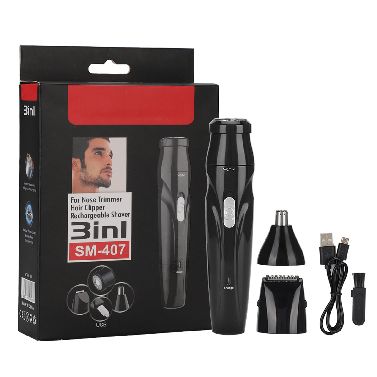 Ein schwarzer 3-in-1-Rasierer mit Zubehör und USB-Ladekabel.