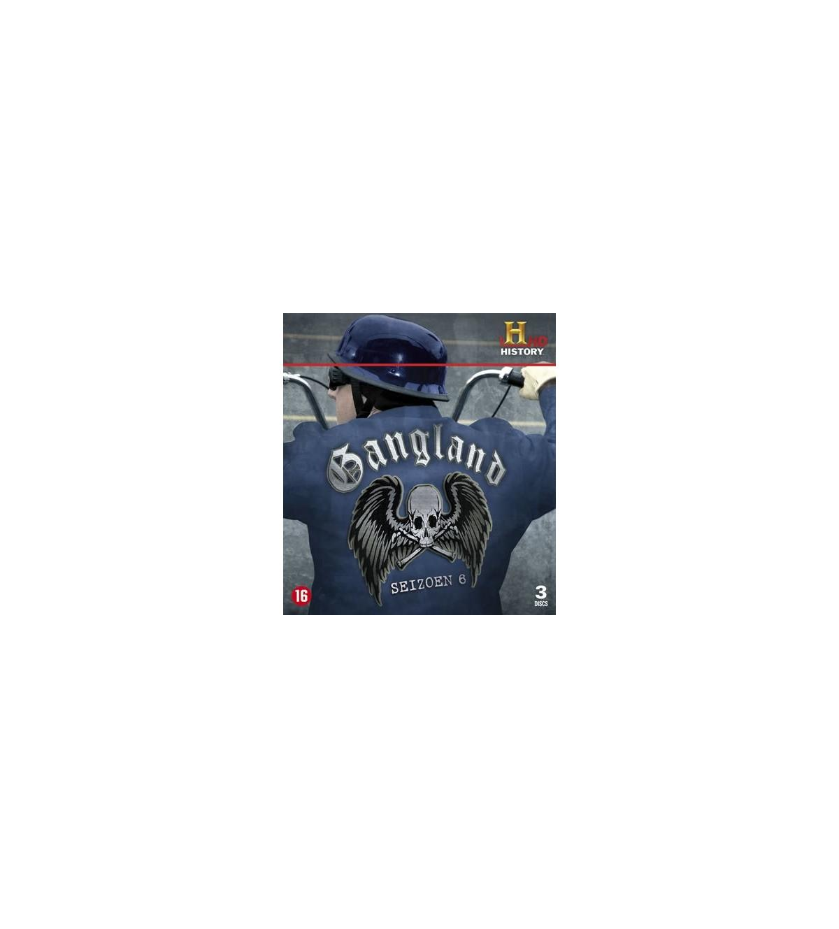 Couverture DVD : dos d'un motard avec veste, ailes et emblème de crâne. Texte 'Gangland' et 'Saison 6'.