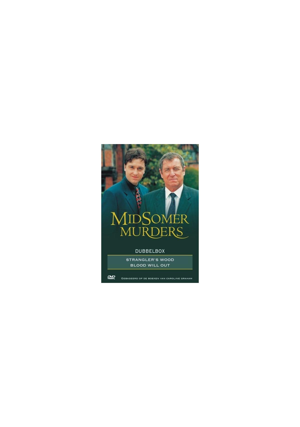 Affiche du film 'Midsomer Murders'. Présente deux hommes en costume, avec du texte en vert.