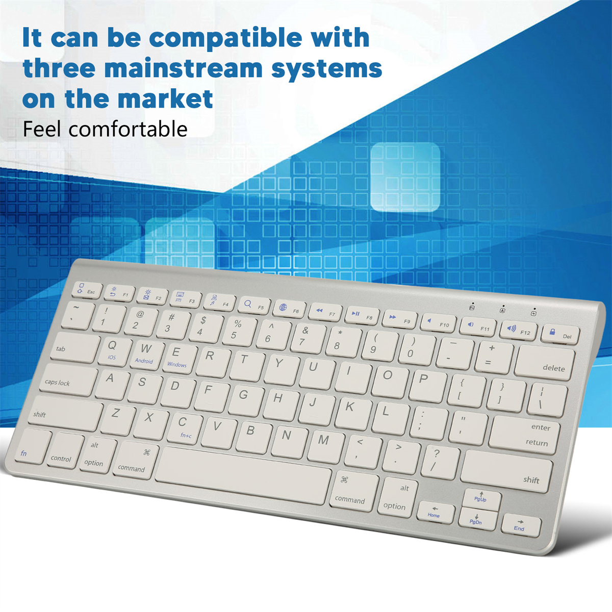 Eine silberne Tastatur mit weißer Basis, die iOS, Android und Windows unterstützt.