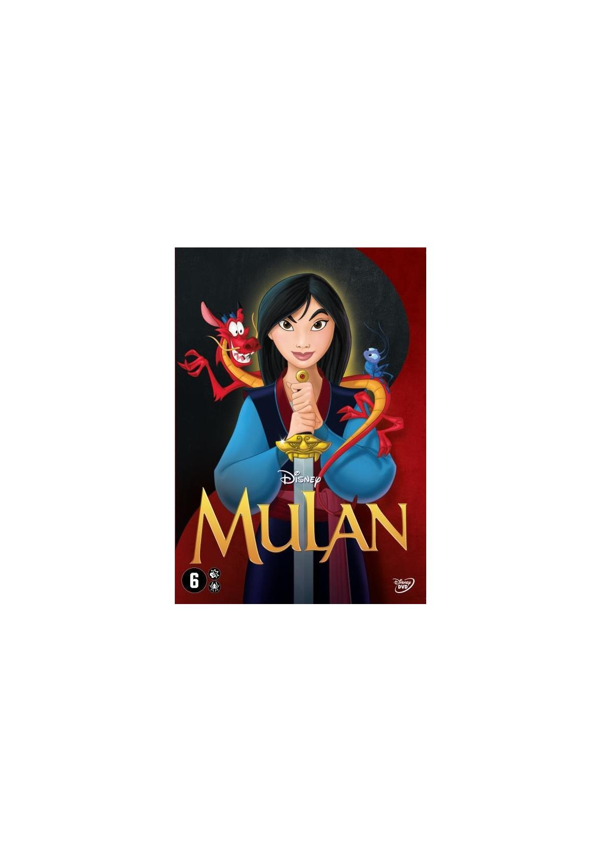 Mulan dvd-hoes. Mulan in blauw, met een zwaard. Twee draken flankeren haar. Gouden titel.