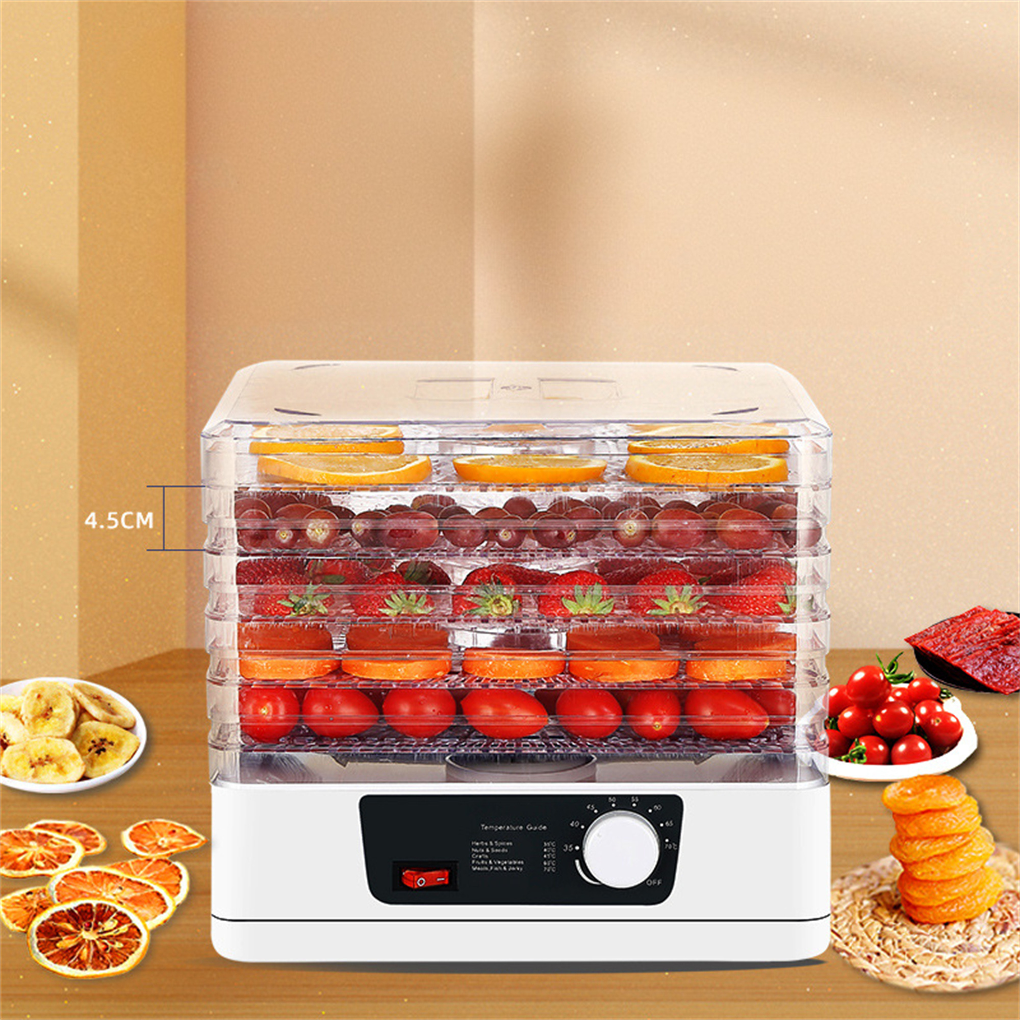 Ein Dörrautomat mit verschiedenen Lebensmitteln. Beinhaltet: Orangen, Erdbeeren, Tomaten und mehr.
