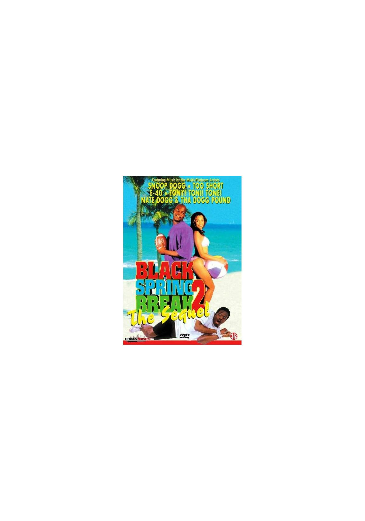 DVD-hoes voor 'Black Spring Break 2', met mensen op een strand met tekstoverlays.