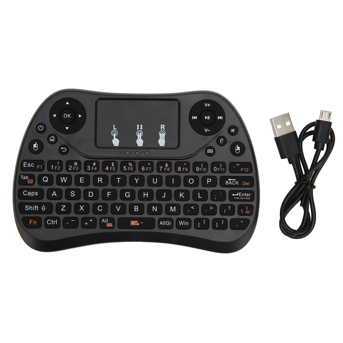 Eine schwarze, kabellose Tastatur mit Touchpad und USB-Kabel. Tasten sind mit Buchstaben und Symbolen beschriftet.