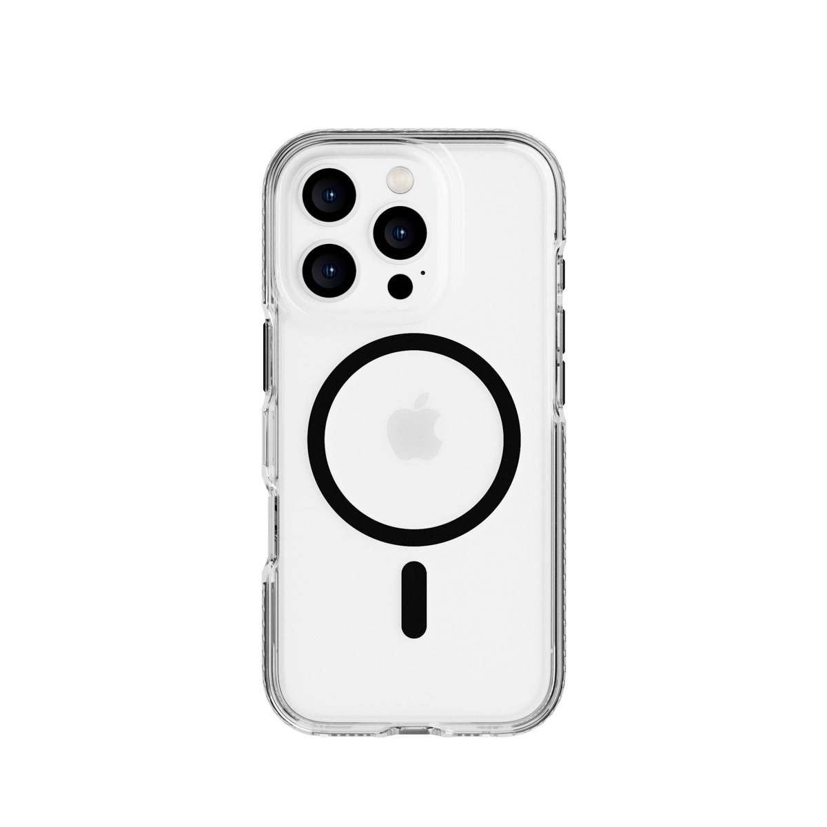 Un étui de téléphone transparent avec trois objectifs d'appareil photo, un logo Apple et un motif circulaire.