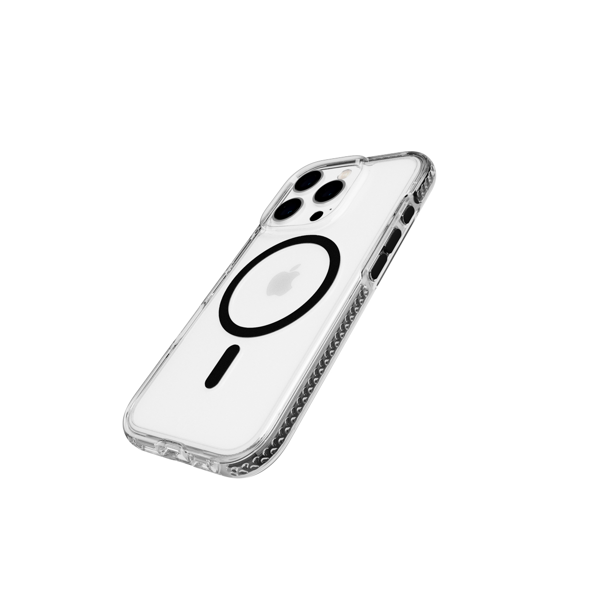 Vue en angle d'une coque transparente pour iPhone avec aimant circulaire noir et trois caméras.