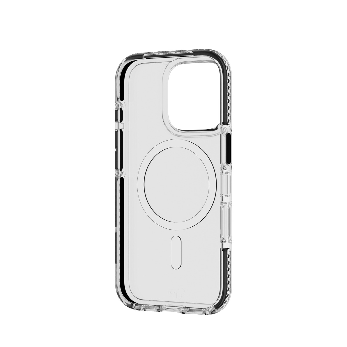 Coque transparente pour iPhone. La coque est transparente, montrant le design du téléphone et l'anneau MagSafe.