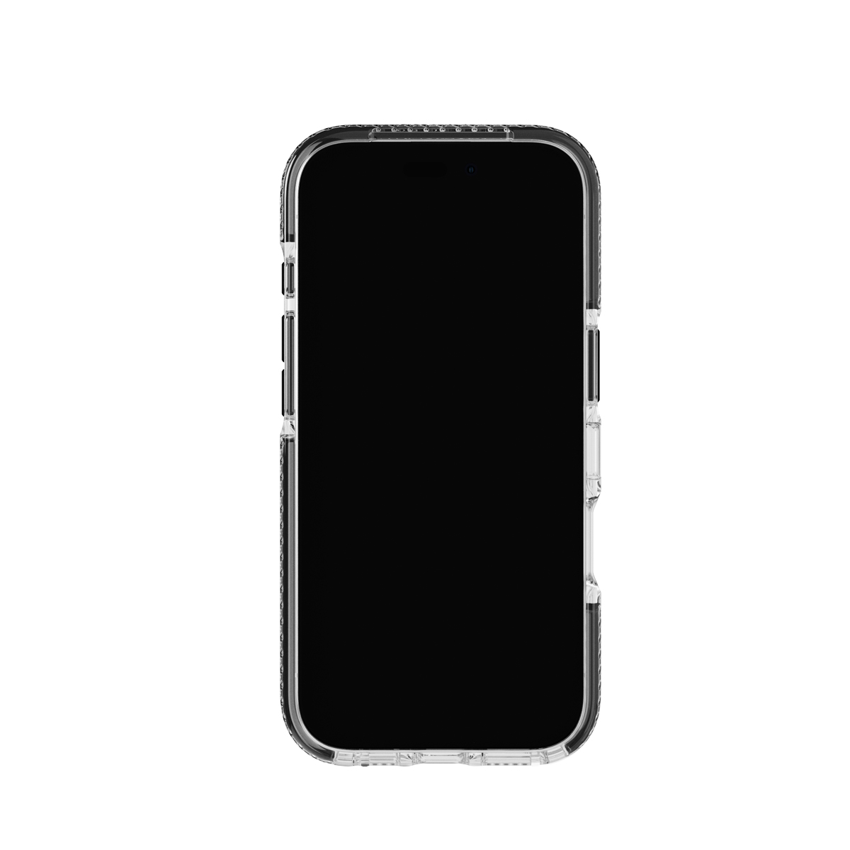 Un écran de téléphone noir dans une coque transparente, fond blanc.