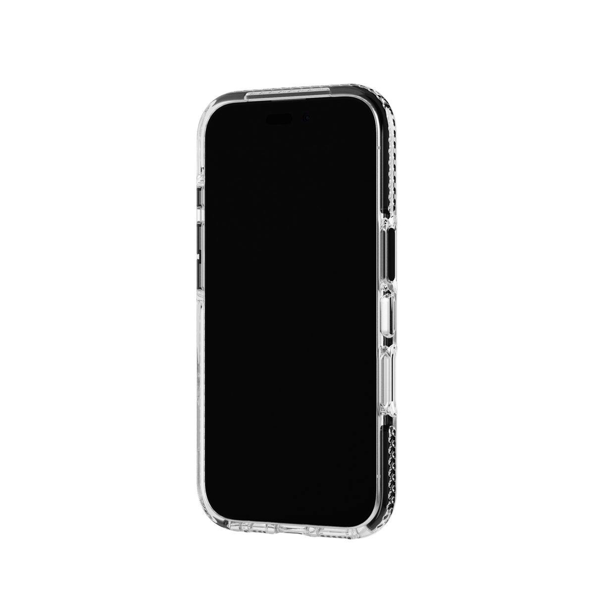 Une coque de téléphone transparente avec un téléphone à l'intérieur. L'écran du téléphone est noir.