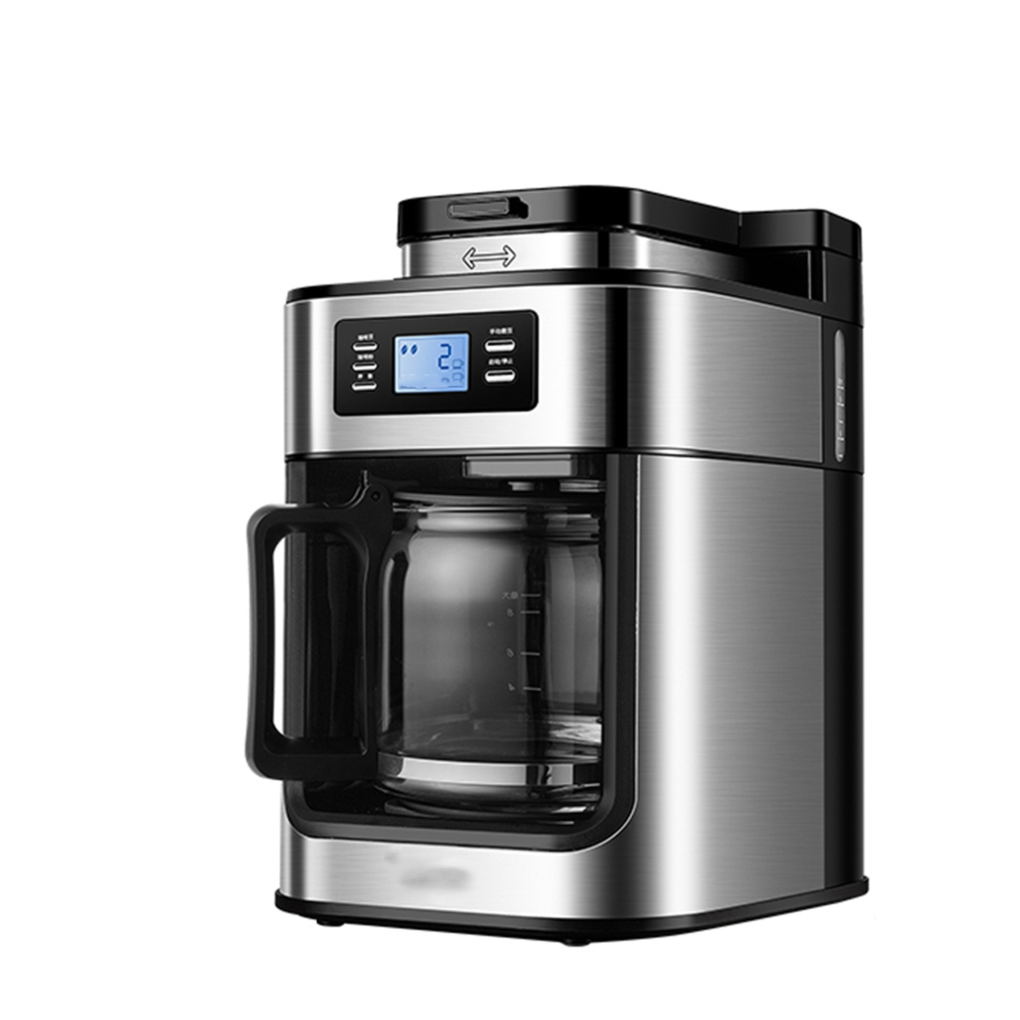 Eine Kaffeemaschine aus Edelstahl mit Glaskaraffe und Digitalanzeige.