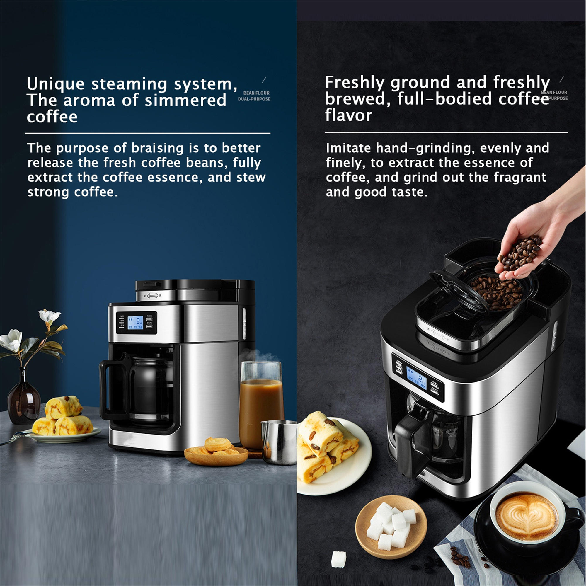 Zwei Kaffeemaschinen, Text: Einzigartiges Dampfsystem und frisch gebrühter Kaffee.