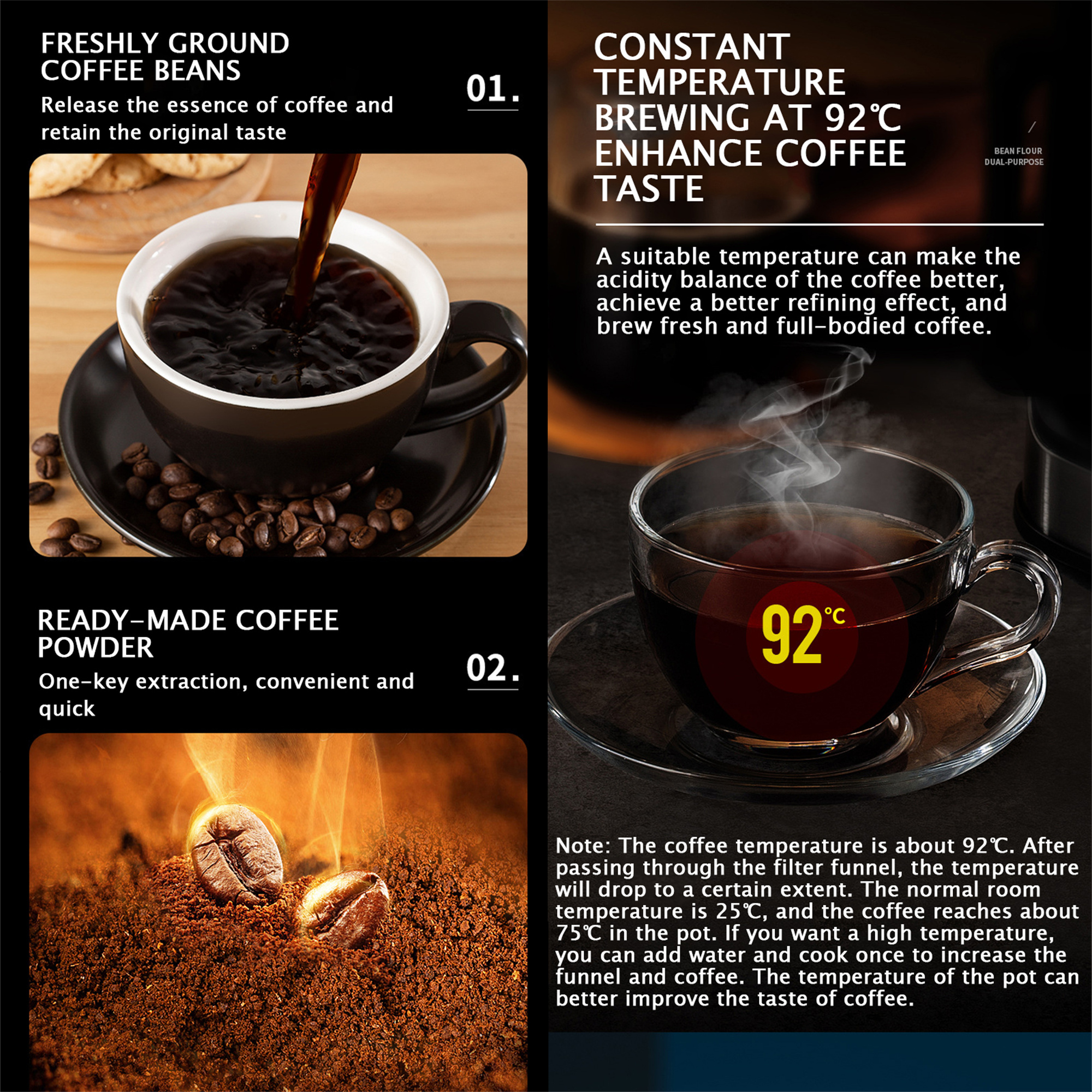 Kaffeezubereitung: Kaffee in Tasse gießen, Bohnen, Fertigpulver. Text über Temperatur.
