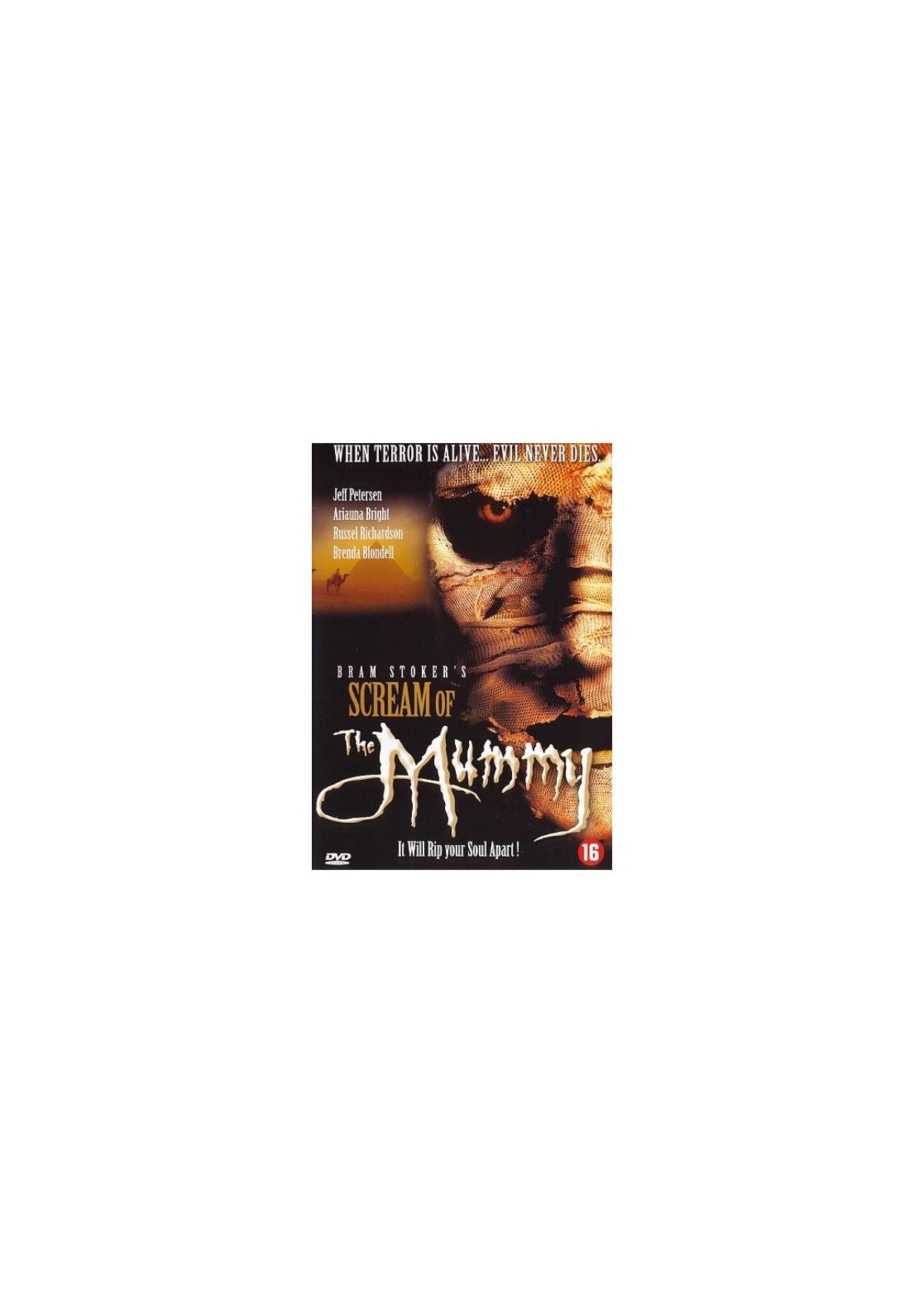 Couverture DVD : Scream of the Mummy. Le visage d'une momie domine le côté droit. Texte et titre en dessous.