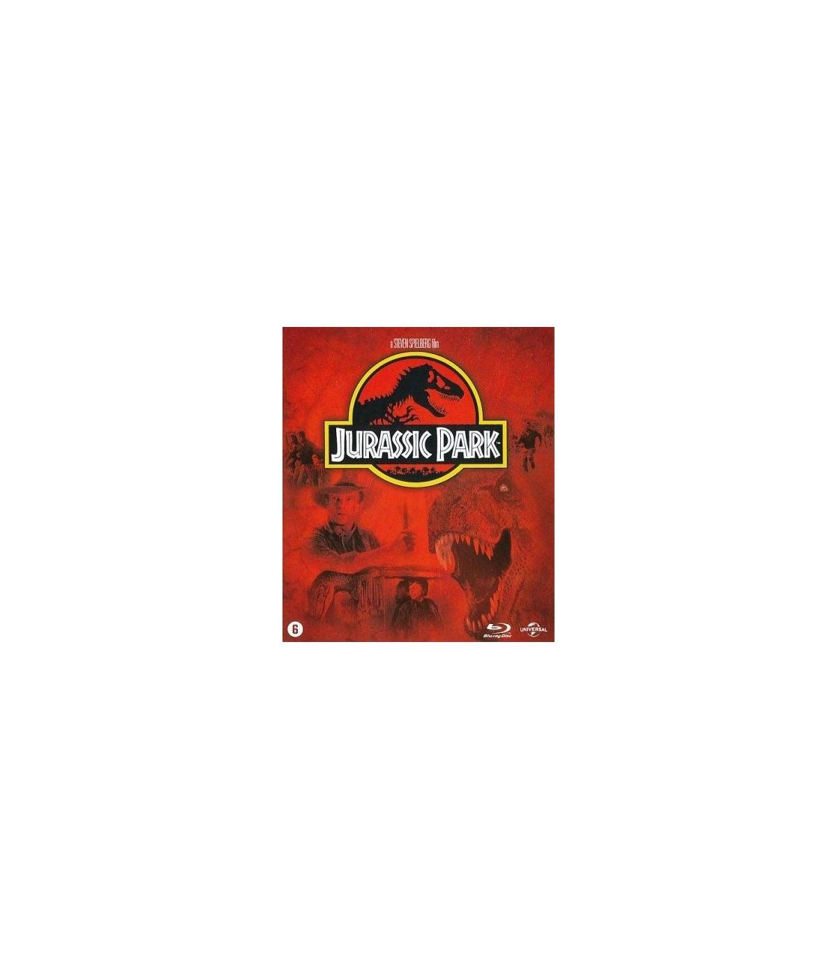 DVD-hoes van 'Jurassic Park'. Met een dinosaurus, tekst en een logo. Rode achtergrond.