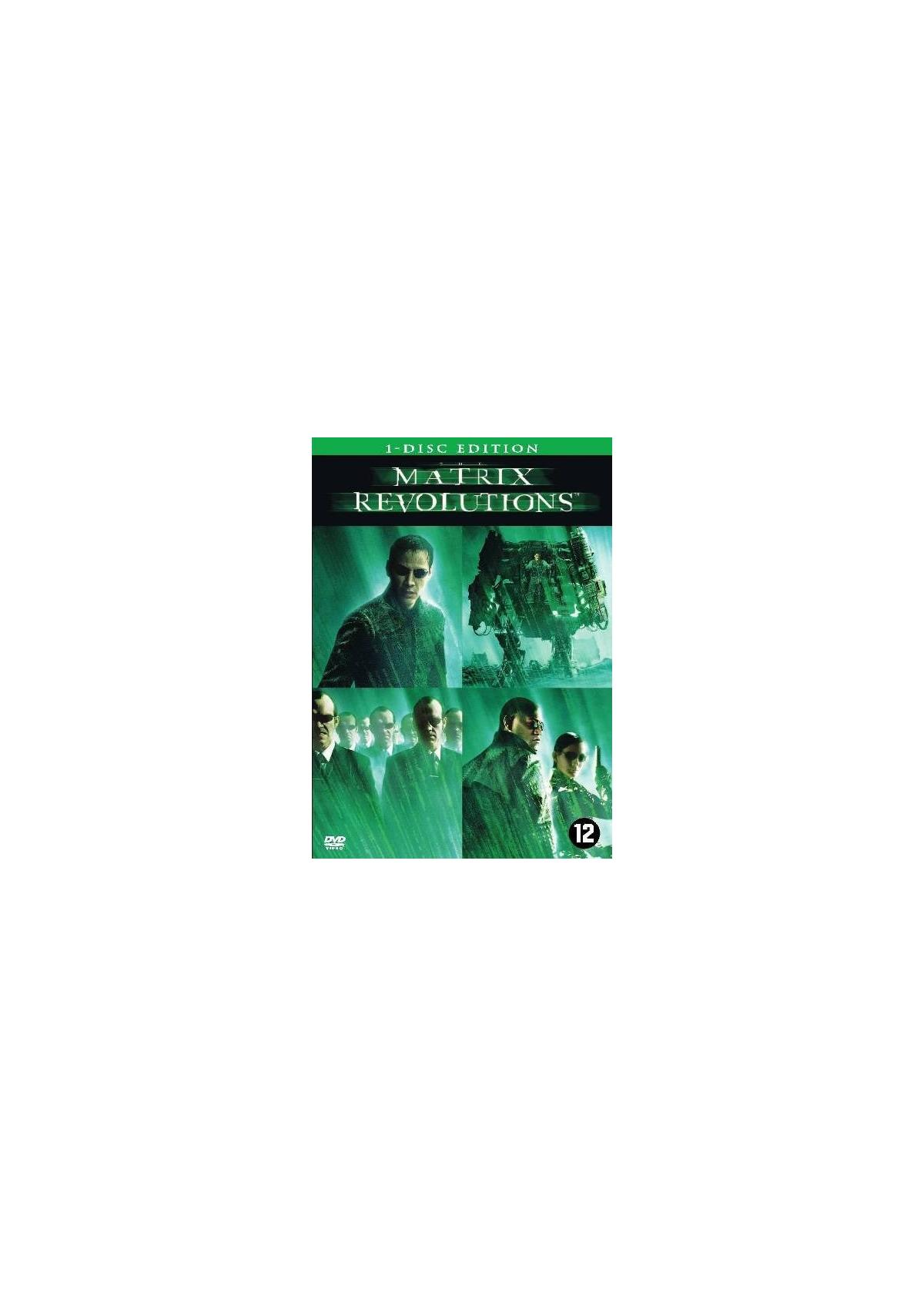 Filmposter: Acteurs in een groen getinte omgeving, titel: Matrix Revolutions.