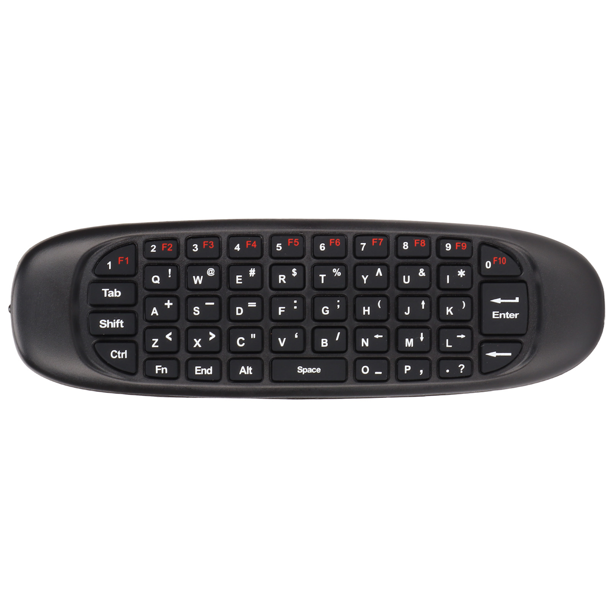 Schwarze Mini-Tastatur mit weißen Tasten und roten Funktionstasten. Weißer Hintergrund.