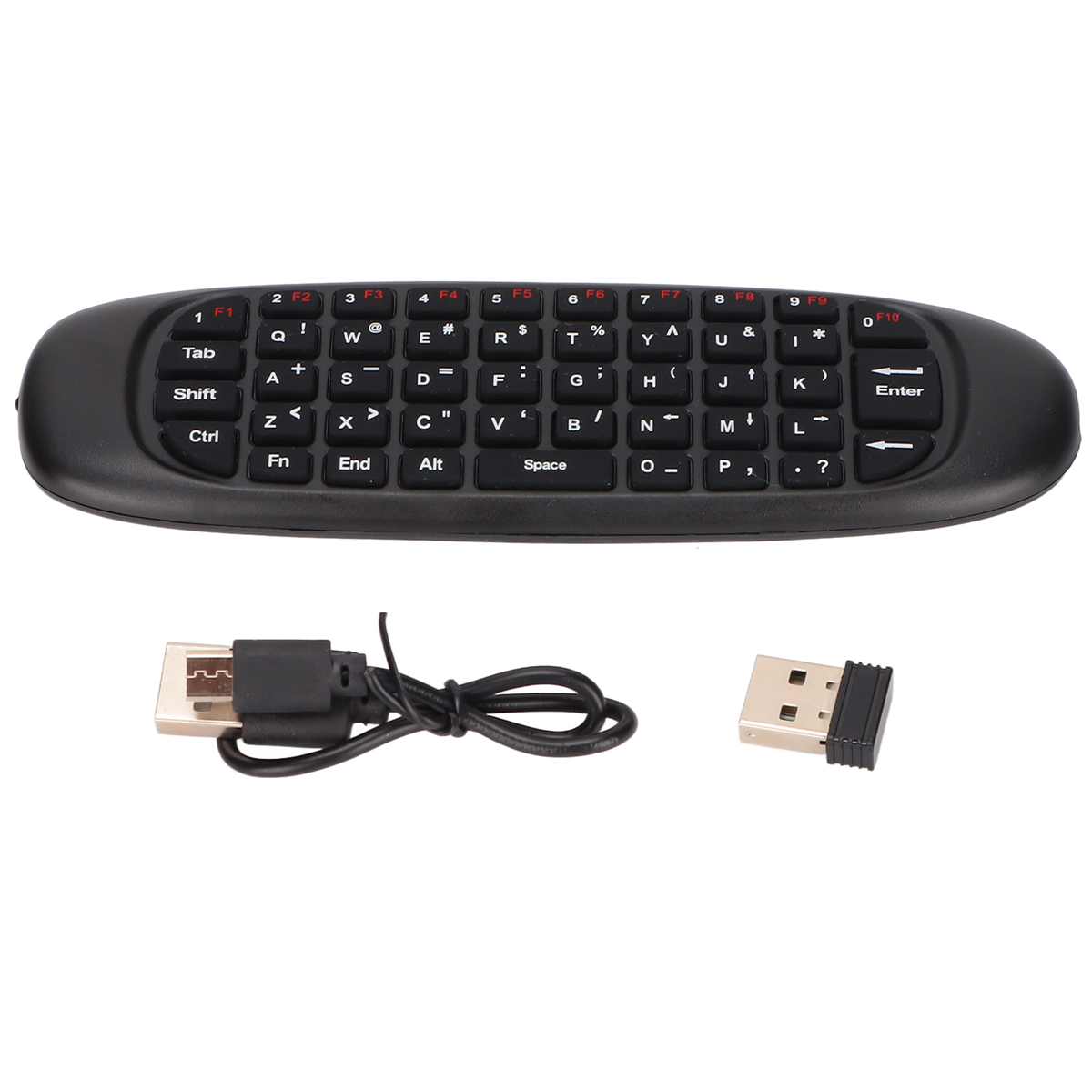 Schwarze Fernbedienungs-Tastatur mit USB-Kabel und USB-Empfänger auf weißer Oberfläche.