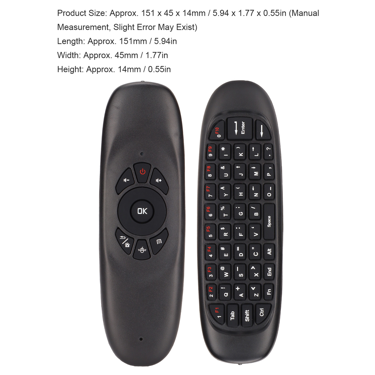 Zwei schwarze Fernbedienungen, eine mit Tastatur und die andere mit Tasten.