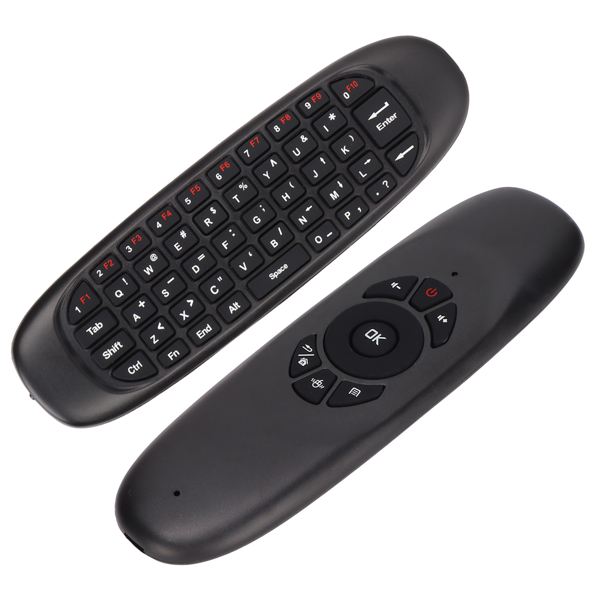 Zwei schwarze Fernbedienungen mit Tastaturen. Eine hat ein Standard-Tastaturlayout, die andere hat Tasten.
